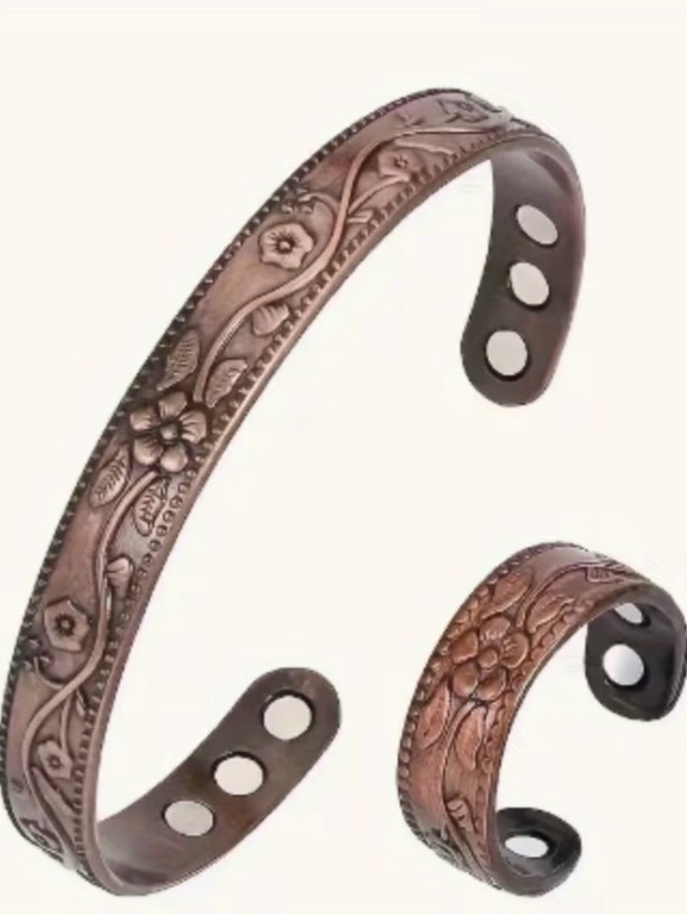 Embossed Floral Copper Magnetic Cuff Bracelet with matching Ring Set
